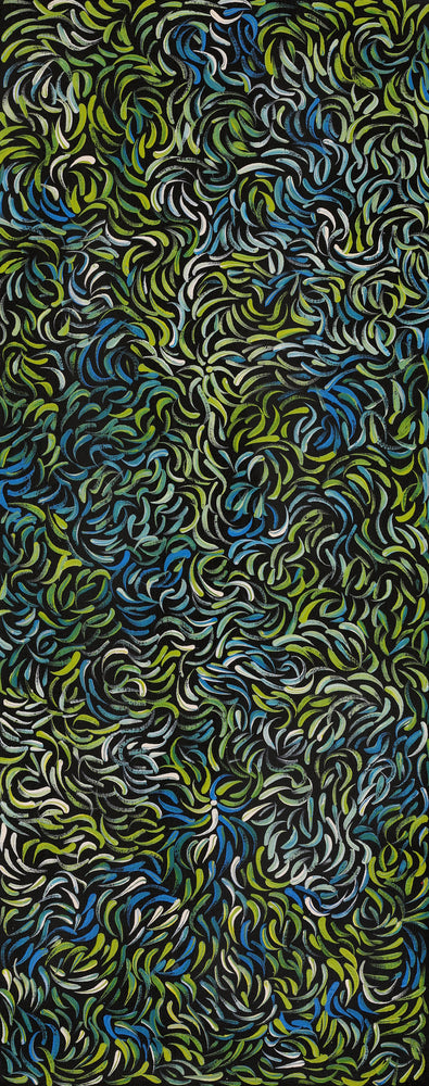Aboriginal Artwork by Nola Napangardi Fisher, Purrpalanji (Skinny Bush Banana) Jukurrpa, 76x30cm