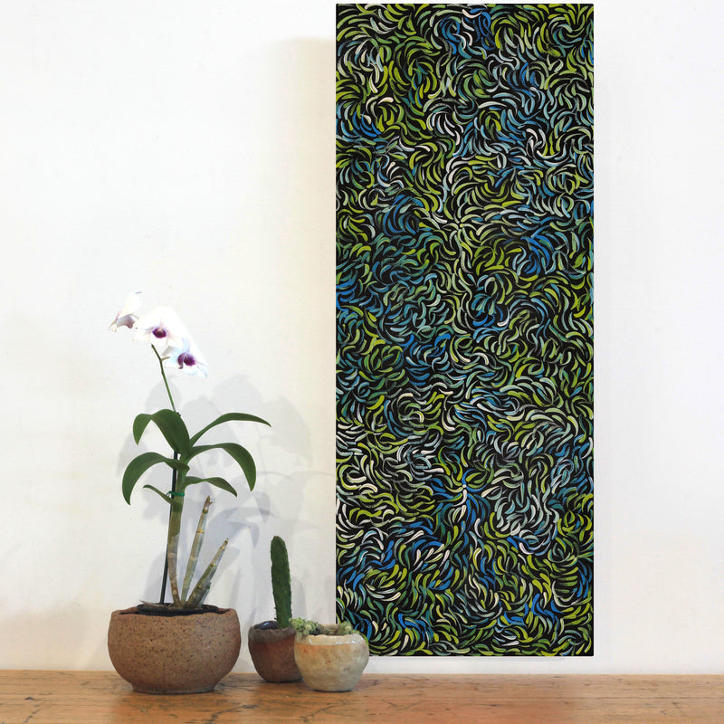 Aboriginal Artwork by Nola Napangardi Fisher, Purrpalanji (Skinny Bush Banana) Jukurrpa, 76x30cm