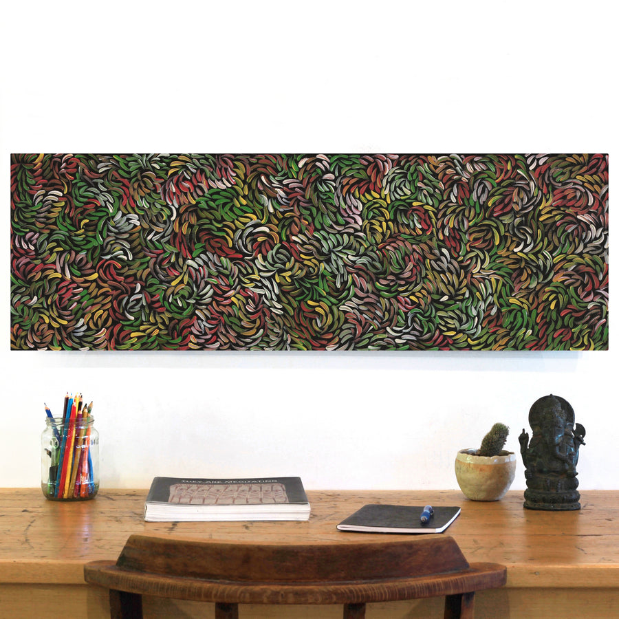 Aboriginal Artwork by Nola Napangardi Fisher, Purrpalanji (Skinny Bush Banana) Jukurrpa, 91x30cm