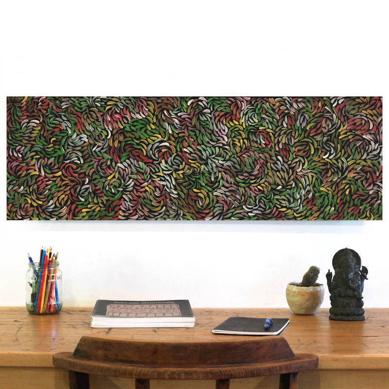Aboriginal Artwork by Nola Napangardi Fisher, Purrpalanji (Skinny Bush Banana) Jukurrpa, 91x30cm