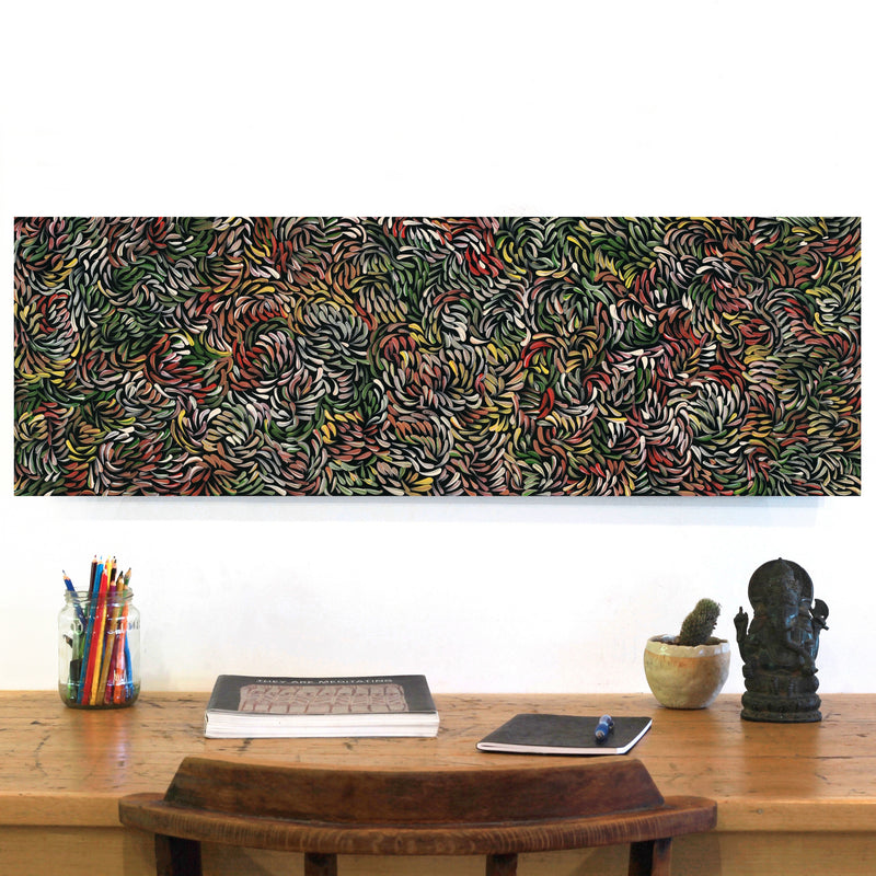 Aboriginal Artwork by Nola Napangardi Fisher, Purrpalanji (Skinny Bush Banana) Jukurrpa, 91x30cm