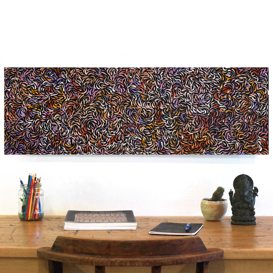 Aboriginal Artwork by Nola Napangardi Fisher, Purrpalanji (Skinny Bush Banana) Jukurrpa, 91x30cm