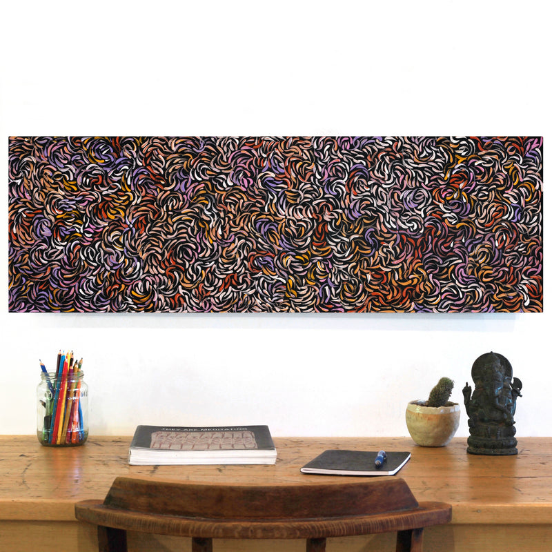 Aboriginal Artwork by Nola Napangardi Fisher, Purrpalanji (Skinny Bush Banana) Jukurrpa, 91x30cm