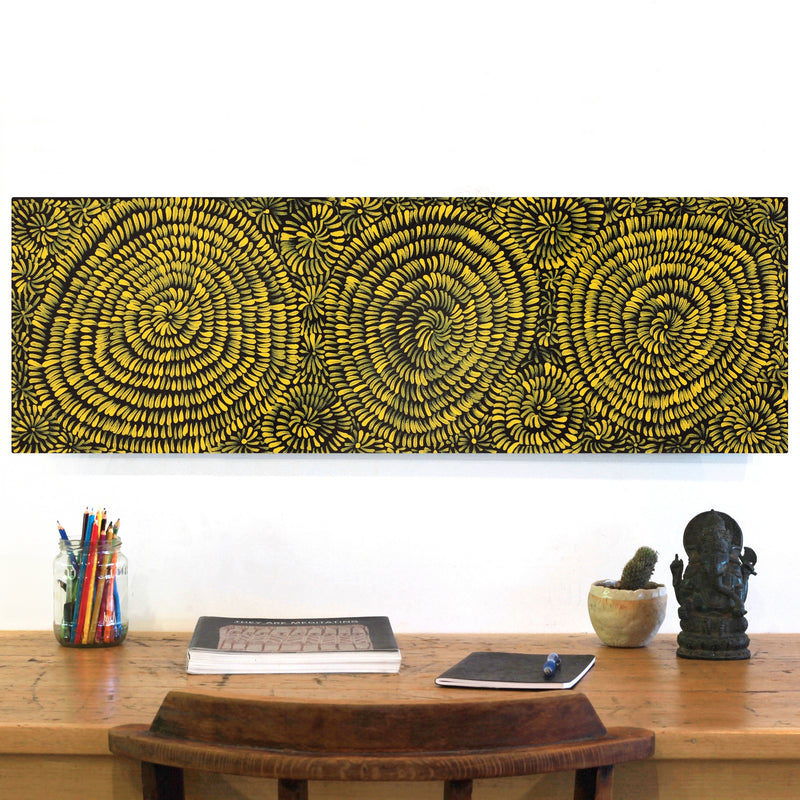 Aboriginal Artwork by Nola Napangardi Fisher, Purrpalanji (Skinny Bush Banana) Jukurrpa, 91x30cm