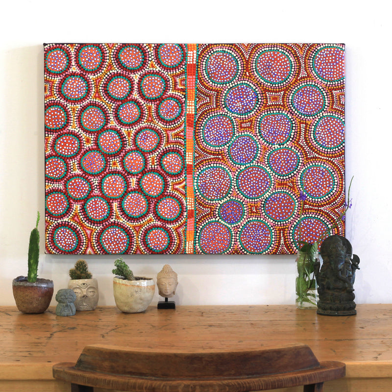Aboriginal Artwork by Nola Kantawarra, Mulpu Tjukurrpa (Bush Mushroom Dreaming), 70x50cm