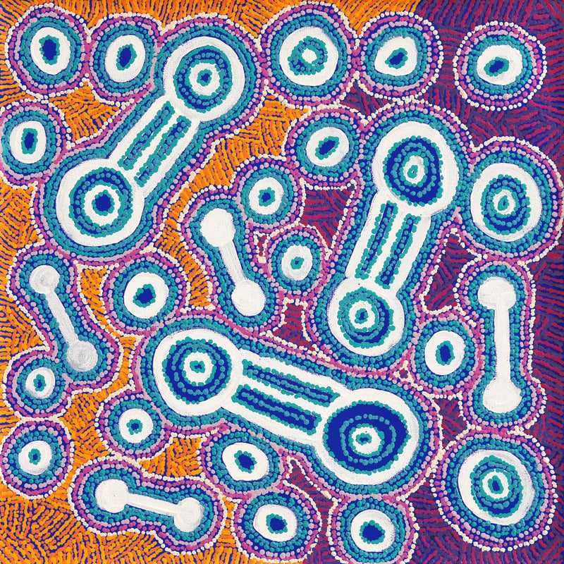 Aboriginal Artwork by Rosemary Peters and Noreen Dixon, Waru at Watarru, 60x60cm