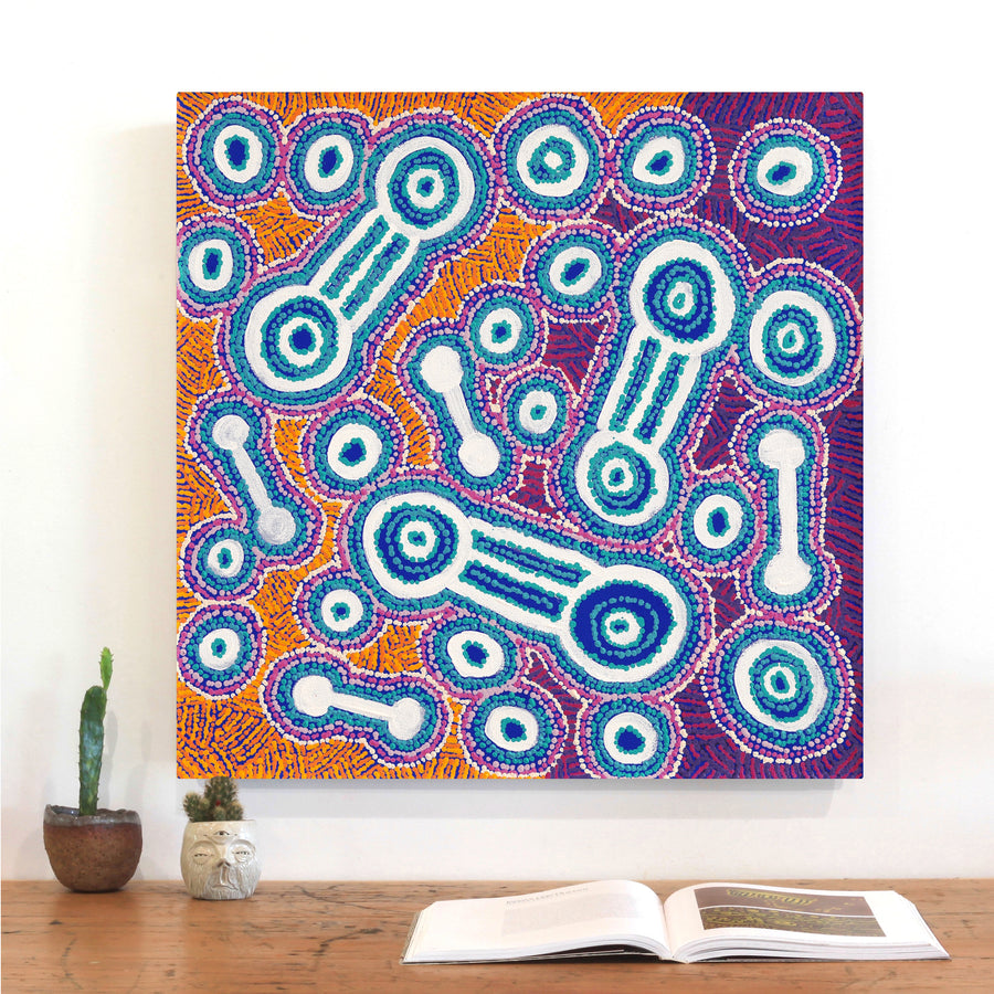 Aboriginal Artwork by Rosemary Peters and Noreen Dixon, Waru at Watarru, 60x60cm