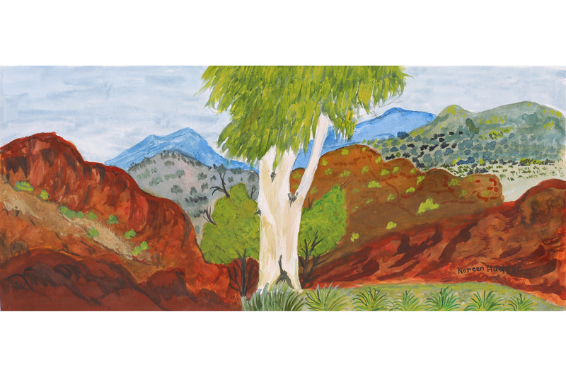Aboriginal Artwork by Noreen Hudson, Ghost Gum at Glen Helen, 54.5x23.5cm