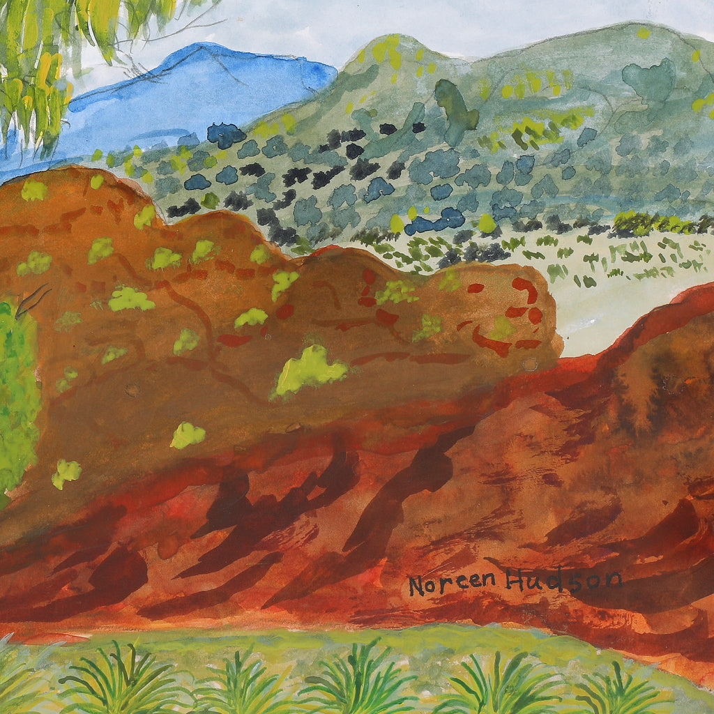 Aboriginal Artwork by Noreen Hudson, Ghost Gum at Glen Helen, 54.5x23.5cm