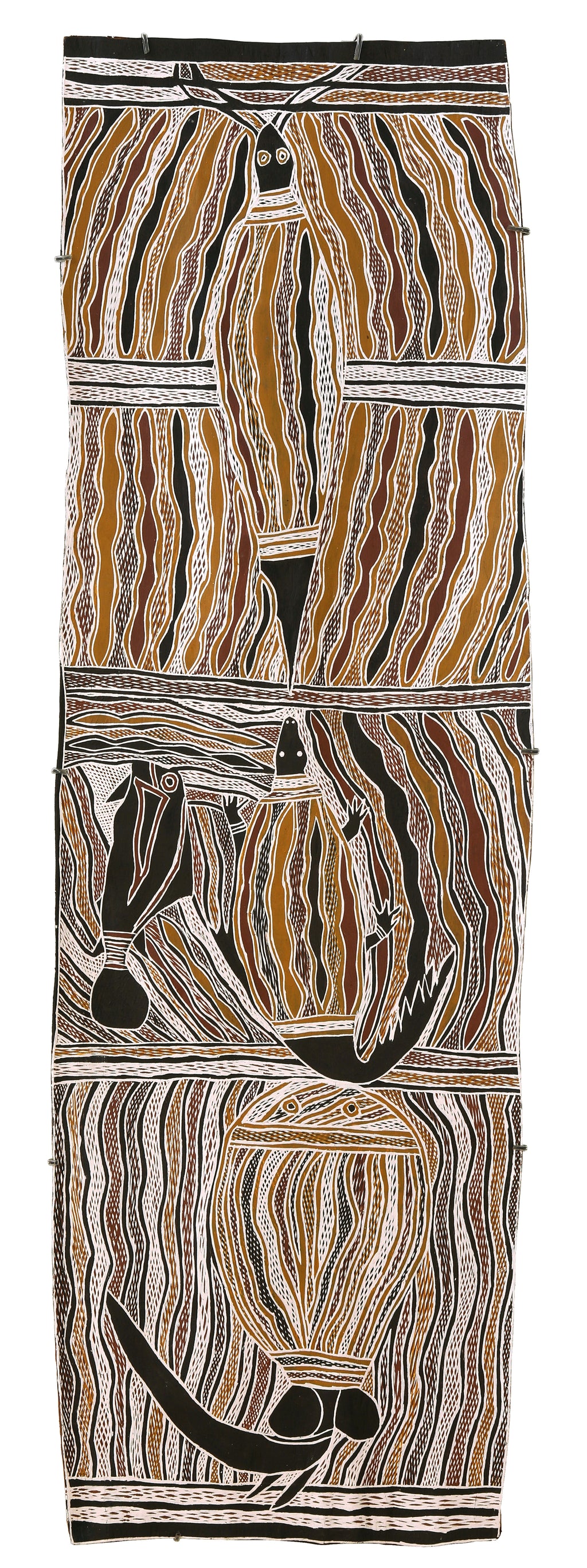 Aboriginal Artwork by Ŋutjapuy Marawili, Lulumu ga Baraltja, 153x49cm Bark