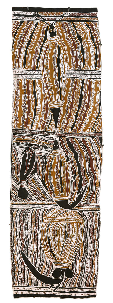 Aboriginal Artwork by Ŋutjapuy Marawili, Lulumu ga Baraltja, 153x49cm Bark