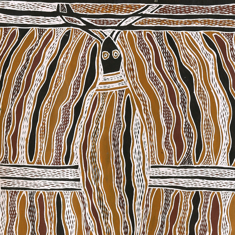 Aboriginal Artwork by Ŋutjapuy Marawili, Lulumu ga Baraltja, 153x49cm Bark
