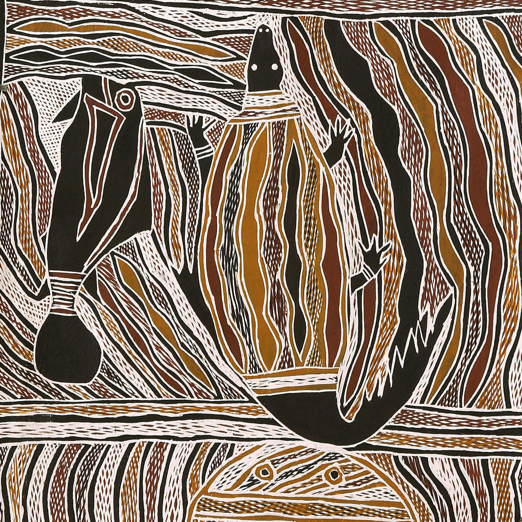 Aboriginal Artwork by Ŋutjapuy Marawili, Lulumu ga Baraltja, 153x49cm Bark