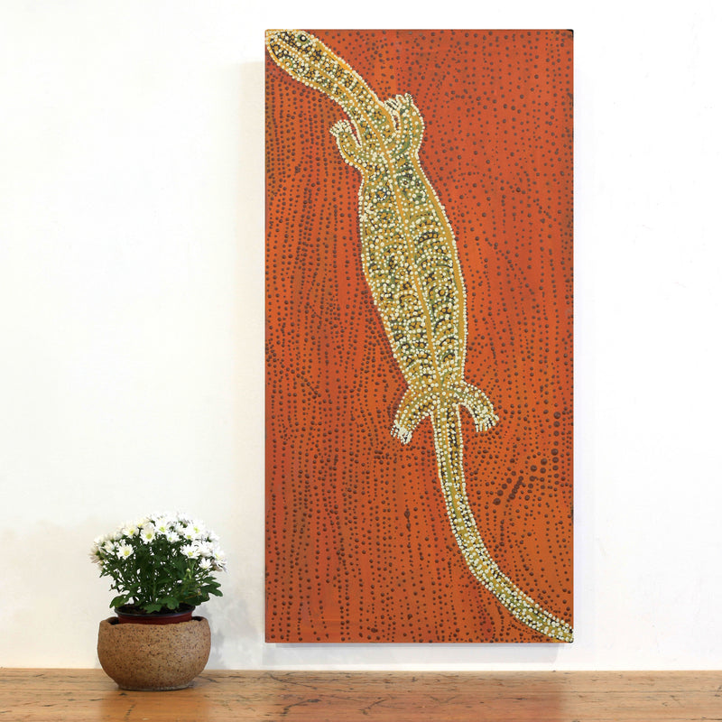 Aboriginal Artwork by Nyanu Watson, Perentieman Tjukurrpa, 91x45cm
