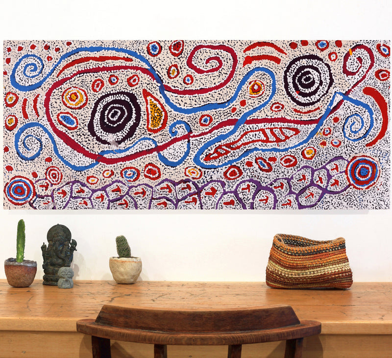 Aboriginal Artwork by Ormay Nangala Gallagher, Yankirri Jukurrpa (Emu Dreaming) - Ngarlikurlangu, 107x46cm