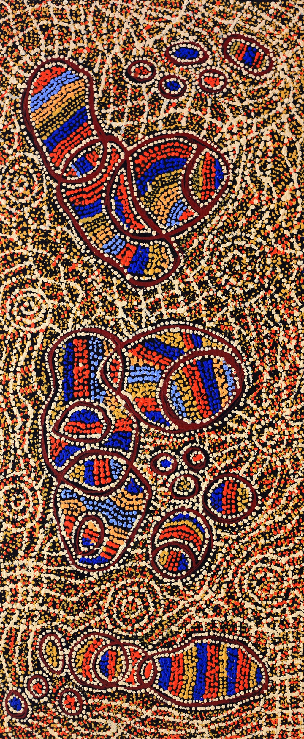 Aboriginal Artwork by Ormay Nangala Gallagher, Ngapa Jukurrpa (Water Dreaming) - Mikanji, 107x46cm