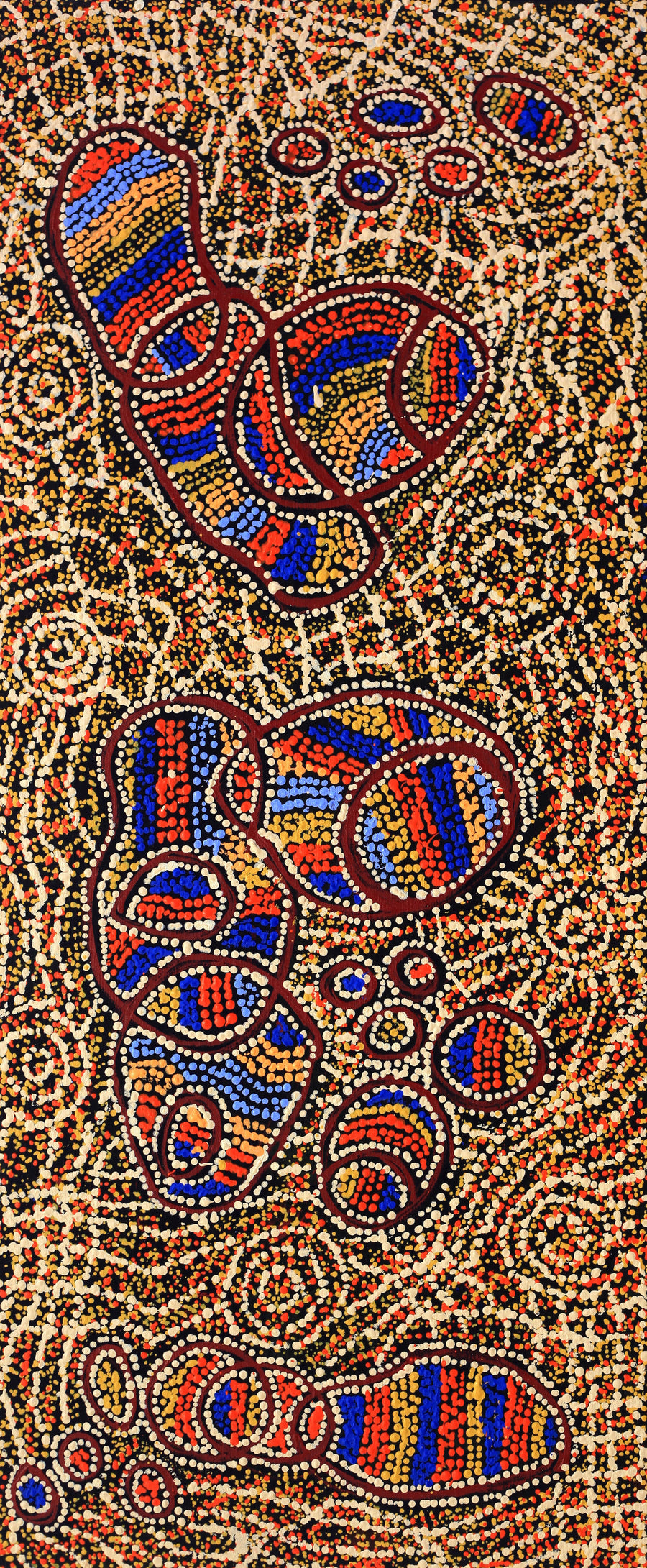 Aboriginal Artwork by Ormay Nangala Gallagher, Ngapa Jukurrpa (Water Dreaming) - Mikanji, 107x46cm