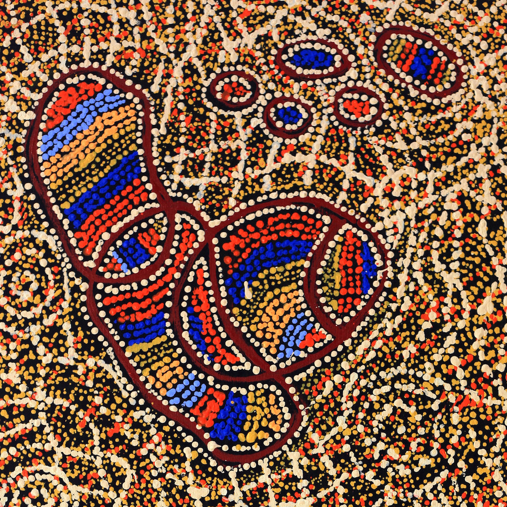 Aboriginal Artwork by Ormay Nangala Gallagher, Ngapa Jukurrpa (Water Dreaming) - Mikanji, 107x46cm