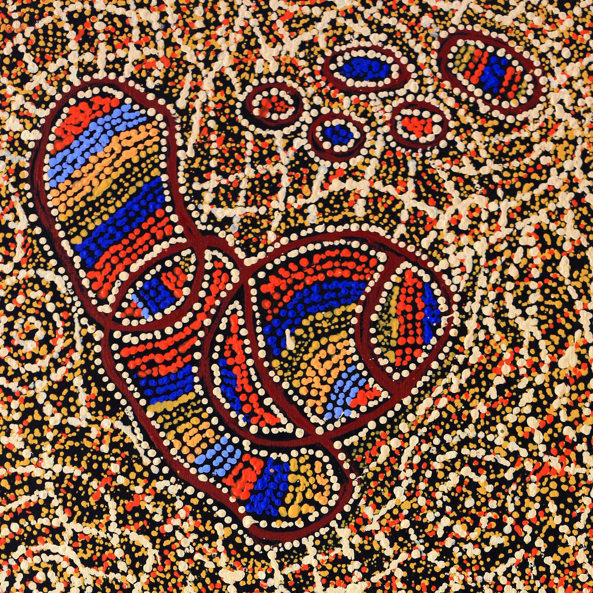 Aboriginal Artwork by Ormay Nangala Gallagher, Ngapa Jukurrpa (Water Dreaming) - Mikanji, 107x46cm