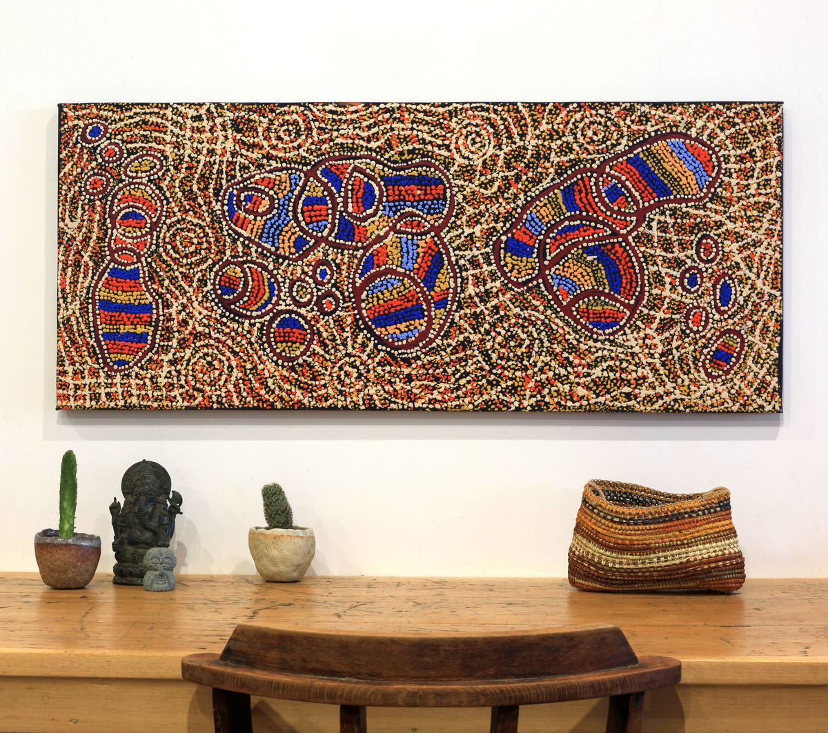 Aboriginal Artwork by Ormay Nangala Gallagher, Ngapa Jukurrpa (Water Dreaming) - Mikanji, 107x46cm