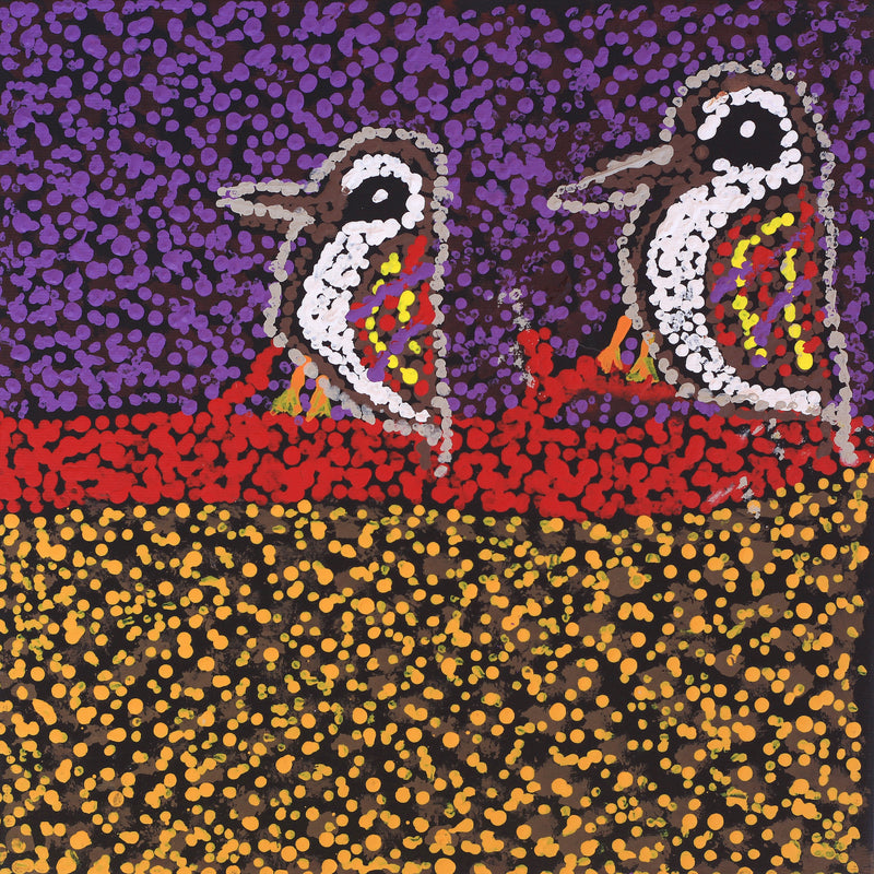 Aboriginal Artwork by Ormay Nangala Gallagher, Jurlpu kuja kalu nyinami Yurntumu-wana (Birds that live around Yuendumu), 30x30cm