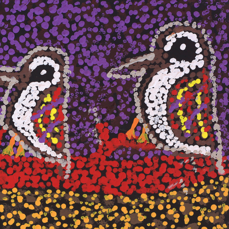 Aboriginal Artwork by Ormay Nangala Gallagher, Jurlpu kuja kalu nyinami Yurntumu-wana (Birds that live around Yuendumu), 30x30cm