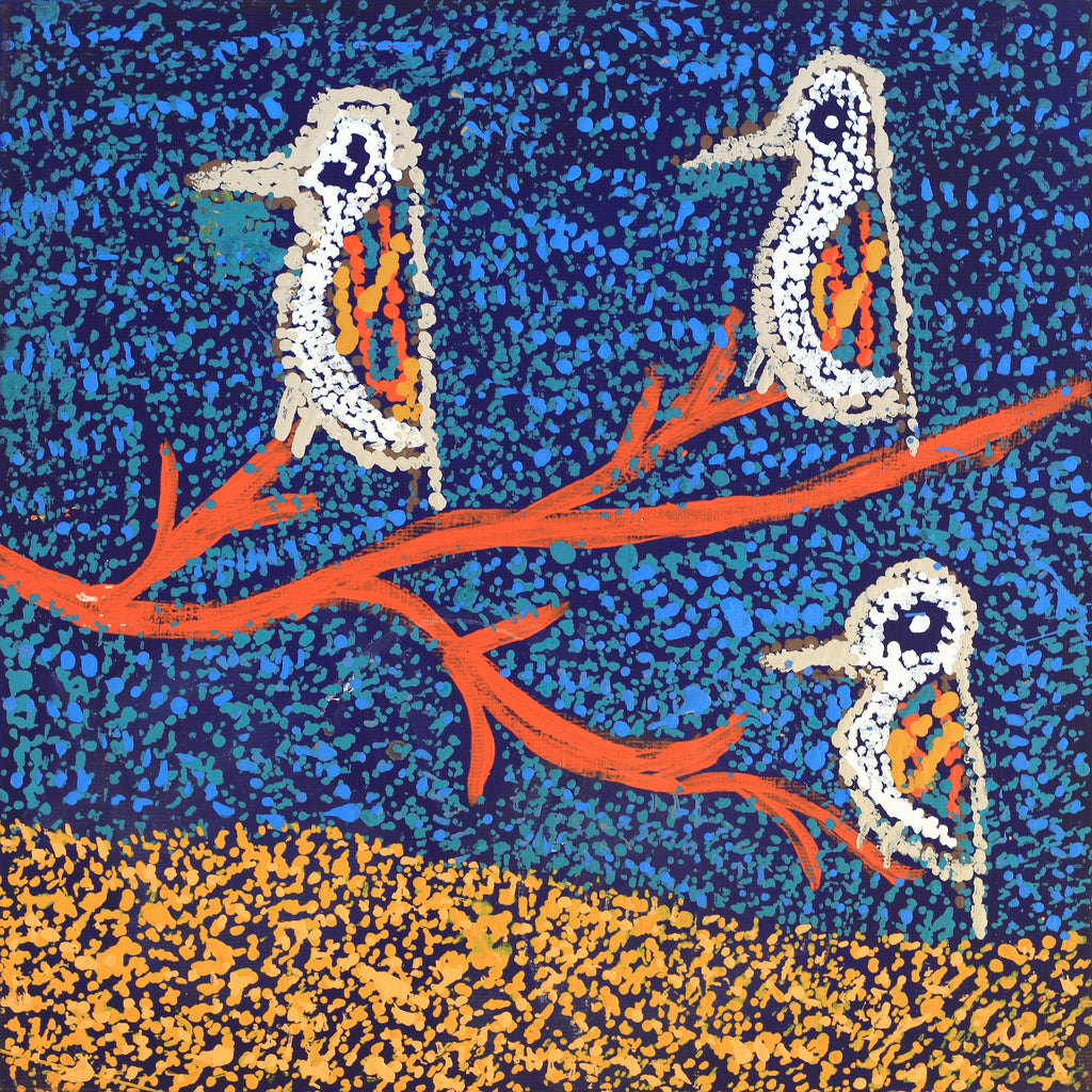 Aboriginal Artwork by Ormay Nangala Gallagher, Jurlpu kuja kalu nyinami Yurntumu-wana (Birds that live around Yuendumu), 30x30cm