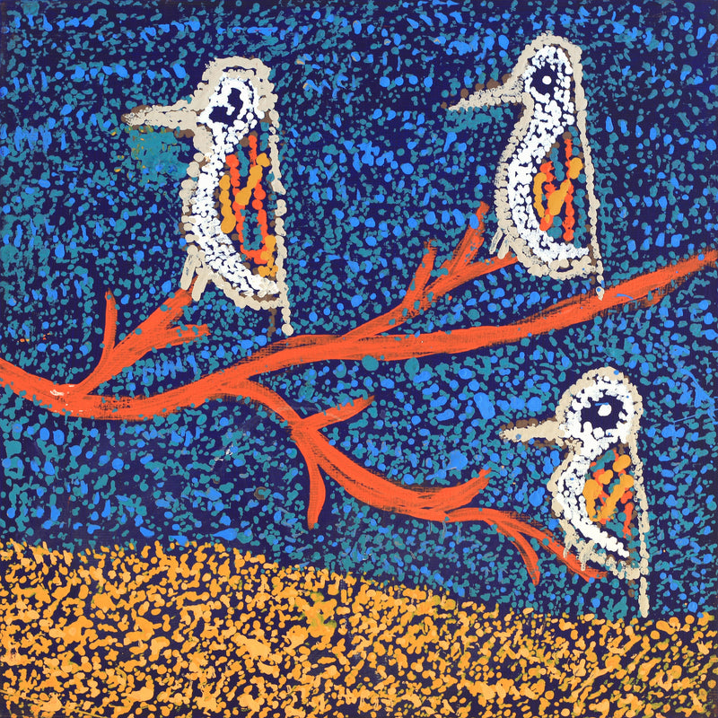Aboriginal Artwork by Ormay Nangala Gallagher, Jurlpu kuja kalu nyinami Yurntumu-wana (Birds that live around Yuendumu), 30x30cm