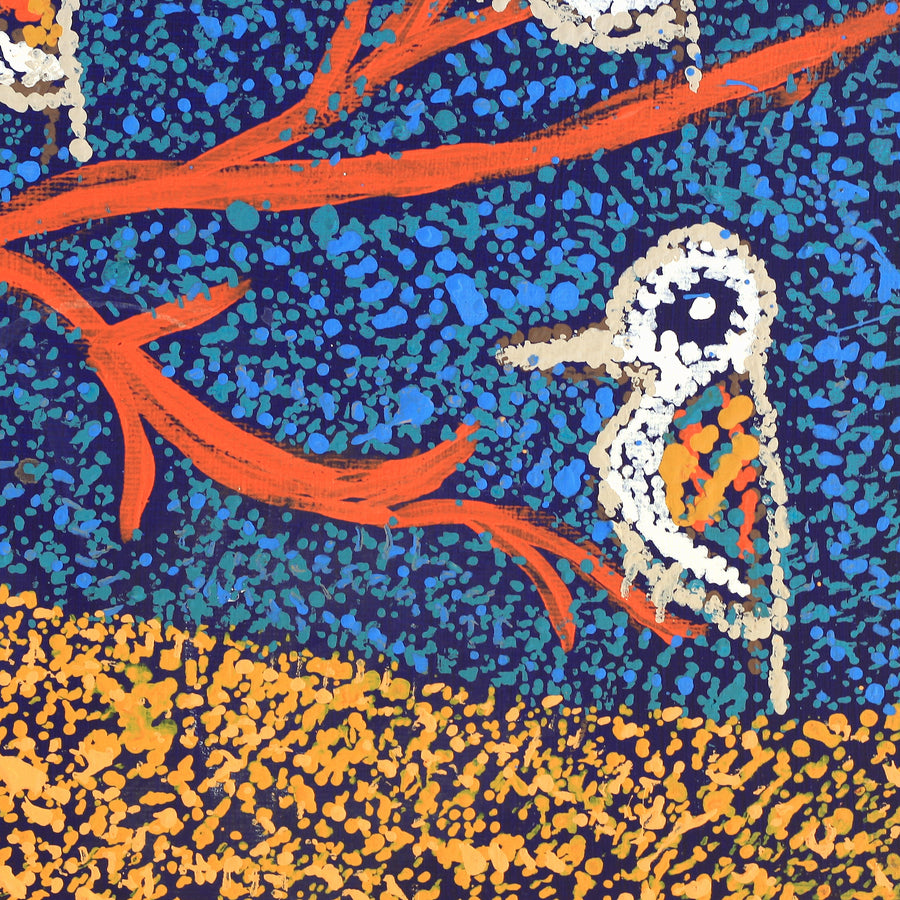 Aboriginal Artwork by Ormay Nangala Gallagher, Jurlpu kuja kalu nyinami Yurntumu-wana (Birds that live around Yuendumu), 30x30cm
