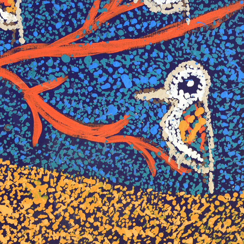 Aboriginal Artwork by Ormay Nangala Gallagher, Jurlpu kuja kalu nyinami Yurntumu-wana (Birds that live around Yuendumu), 30x30cm