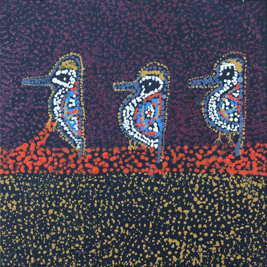 Aboriginal Artwork by Ormay Nangala Gallagher, Jurlpu kuja kalu nyinami Yurntumu-wana (Birds that live around Yuendumu), 30x30cm