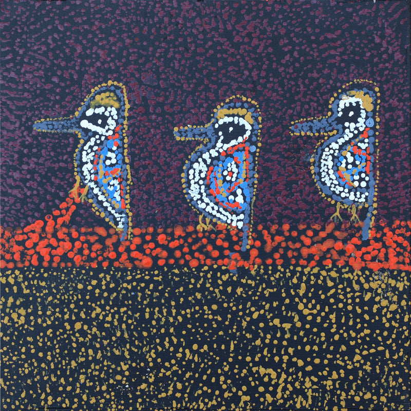 Aboriginal Artwork by Ormay Nangala Gallagher, Jurlpu kuja kalu nyinami Yurntumu-wana (Birds that live around Yuendumu), 30x30cm