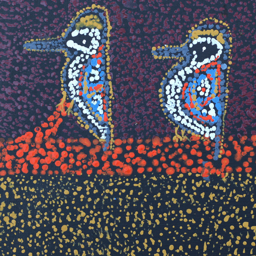 Aboriginal Artwork by Ormay Nangala Gallagher, Jurlpu kuja kalu nyinami Yurntumu-wana (Birds that live around Yuendumu), 30x30cm - ART ARK®