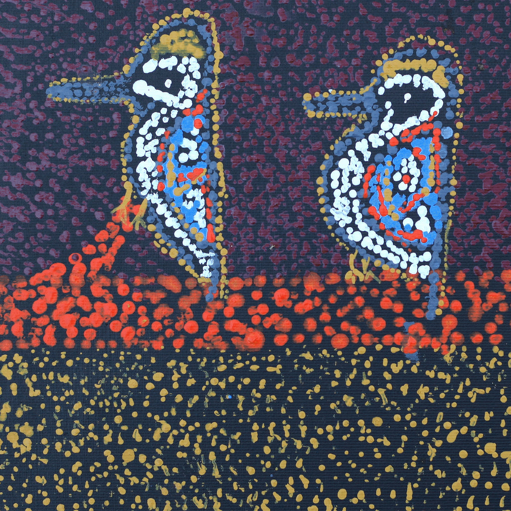 Aboriginal Artwork by Ormay Nangala Gallagher, Jurlpu kuja kalu nyinami Yurntumu-wana (Birds that live around Yuendumu), 30x30cm
