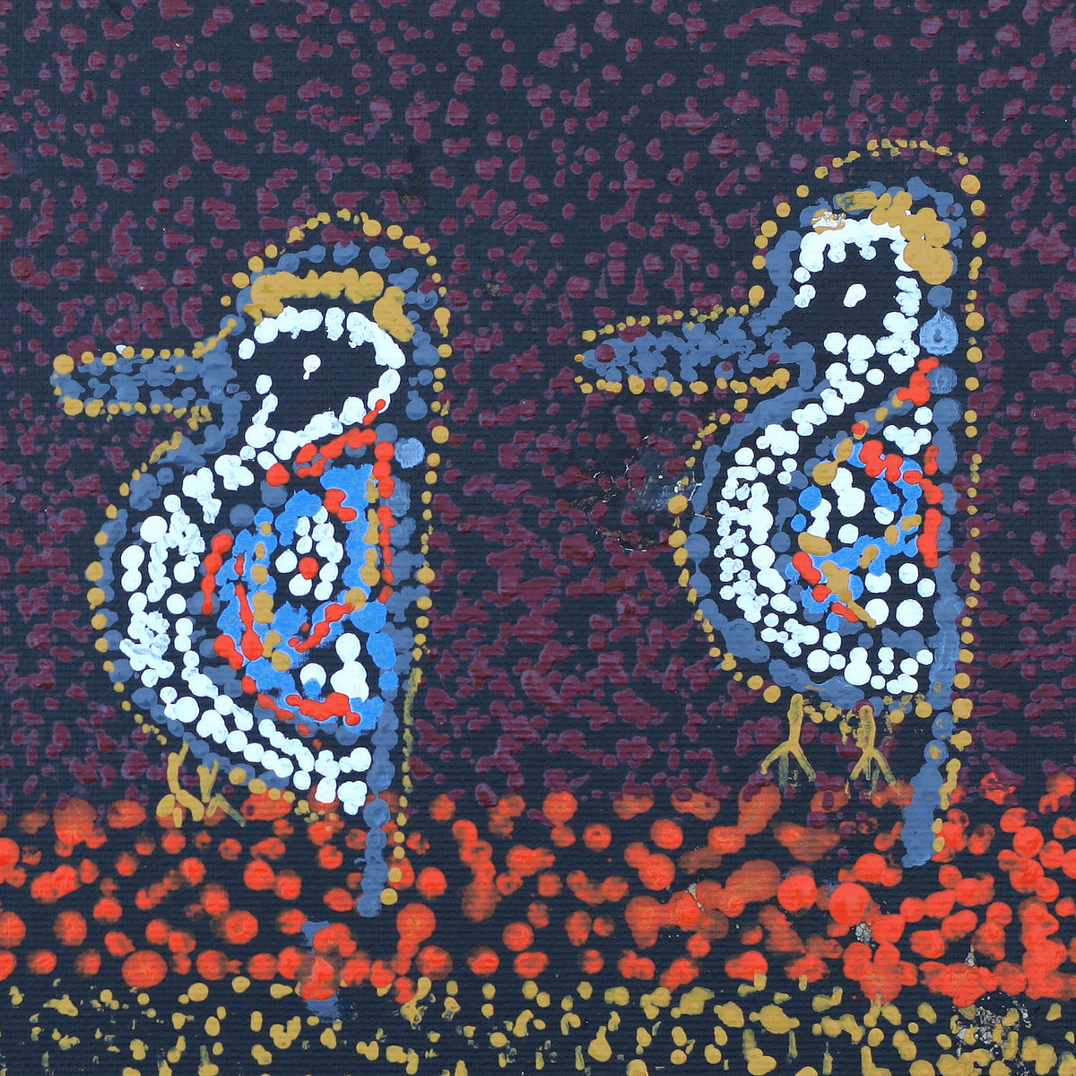Aboriginal Artwork by Ormay Nangala Gallagher, Jurlpu kuja kalu nyinami Yurntumu-wana (Birds that live around Yuendumu), 30x30cm