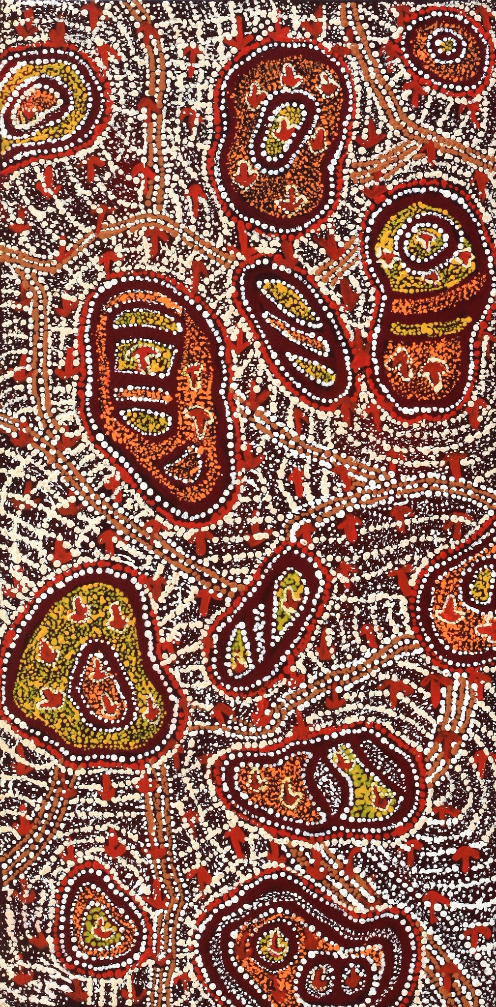 Aboriginal Artwork by Ormay Nangala Gallagher, Ngapa Jukurrpa (Water Dreaming) - Mikanji, 91x46cm