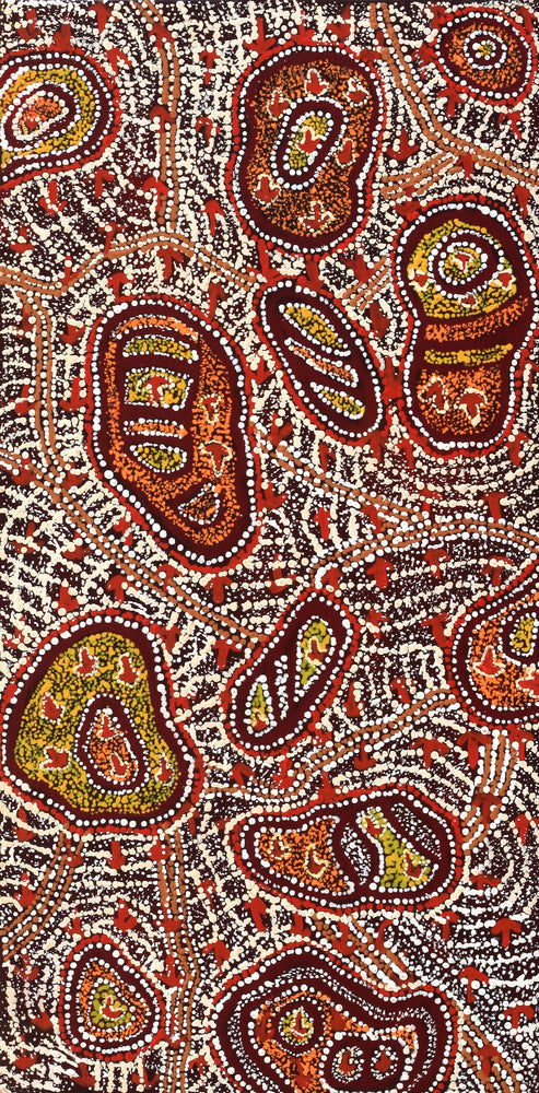 Aboriginal Artwork by Ormay Nangala Gallagher, Ngapa Jukurrpa (Water Dreaming) - Mikanji, 91x46cm