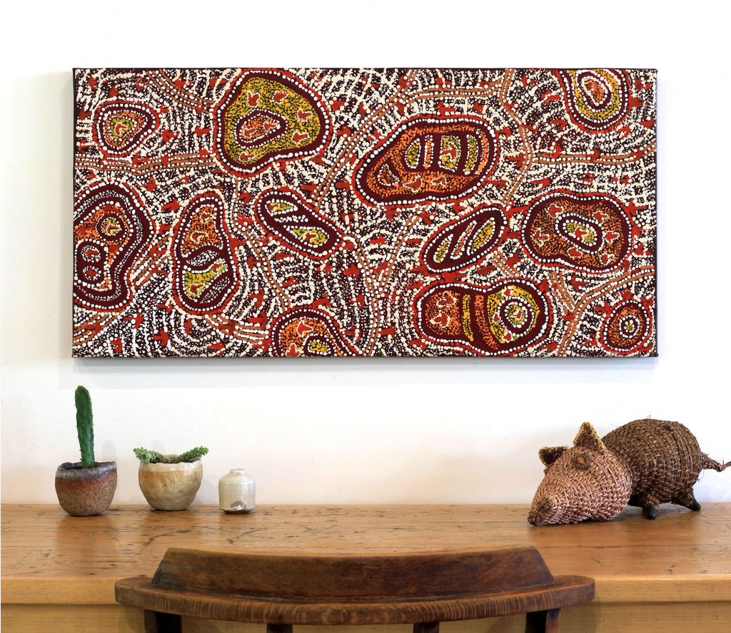 Aboriginal Artwork by Ormay Nangala Gallagher, Ngapa Jukurrpa (Water Dreaming)  - Mikanji, 91x46cm - ART ARK®