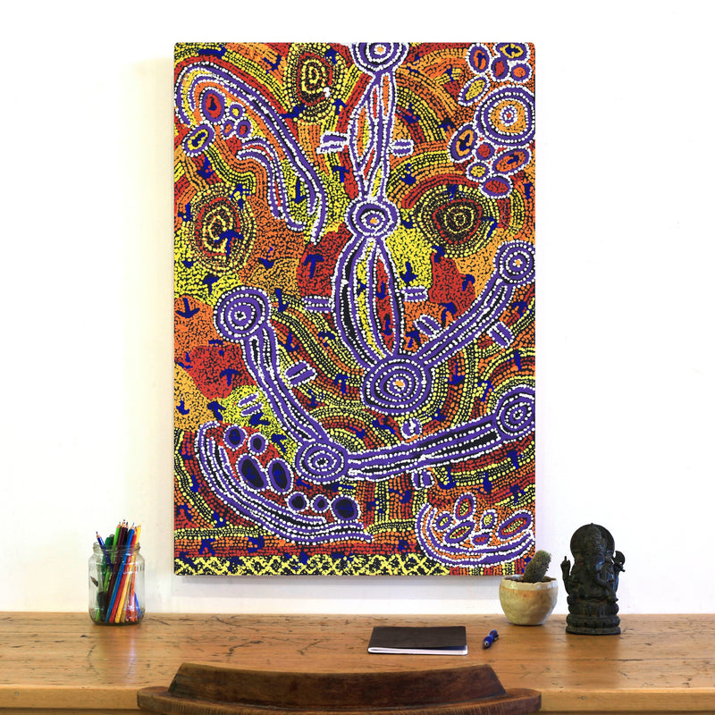 Aboriginal Artwork by Ormay Nangala Gallagher, Ngapa Jukurrpa (Water Dreaming) - Mikanji, 91x61cm