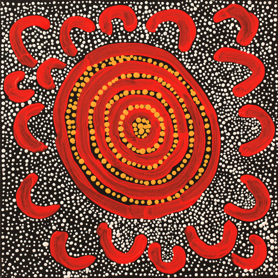 Aboriginal Artwork by Otto Jungarrayi Sims, Wangarlakurlu Jukurrpa (Crow Dreaming), 30x30cm