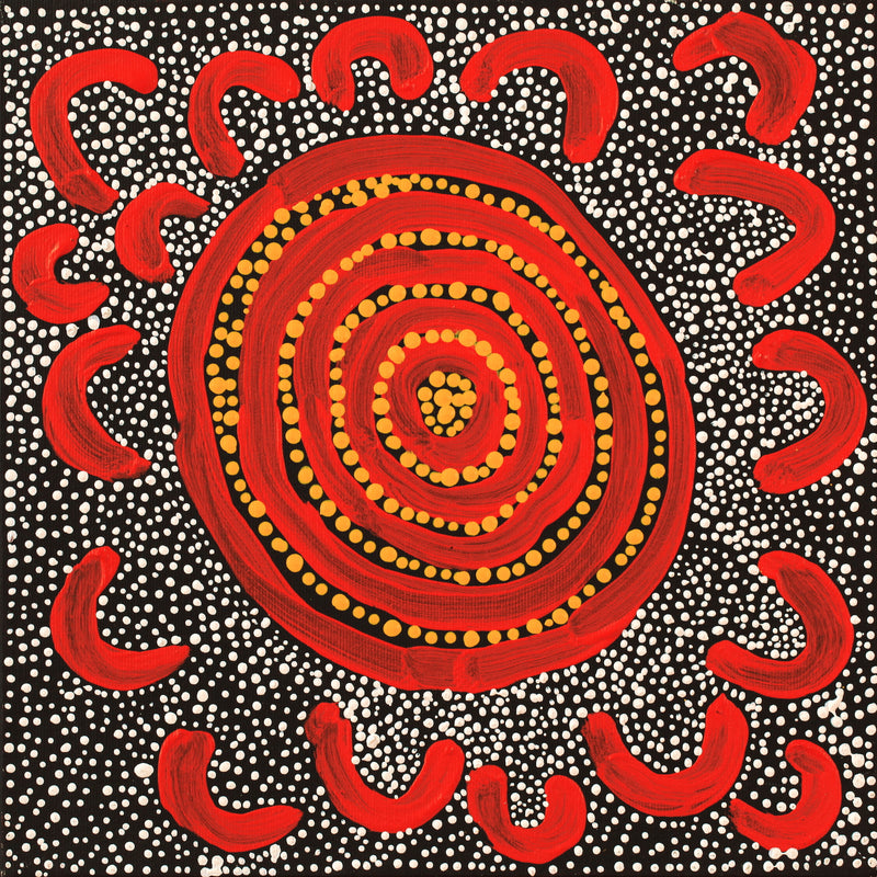 Aboriginal Artwork by Otto Jungarrayi Sims, Wangarlakurlu Jukurrpa (Crow Dreaming), 30x30cm