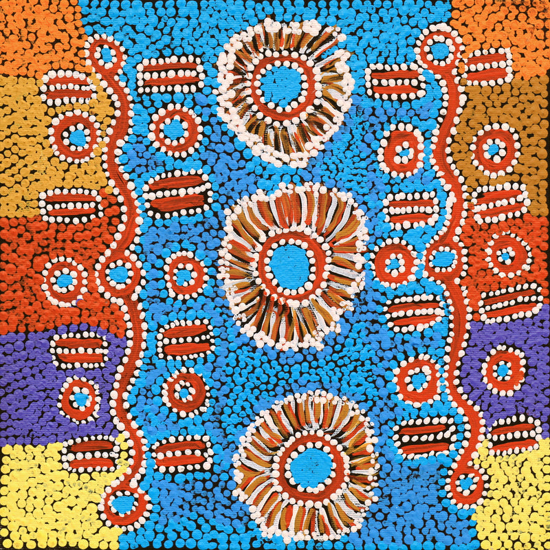Aboriginal Artwork by Pamela Nangala Sampson, Ngapa Jukurrpa (Water Dreaming) - Mikanji, 30x30cm