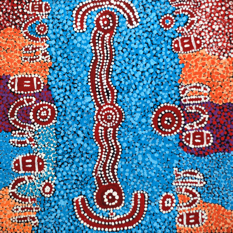 Aboriginal Artwork by Pamela Nangala Sampson, Ngapa Jukurrpa (Water Dreaming) - Mikanji, 30x30cm