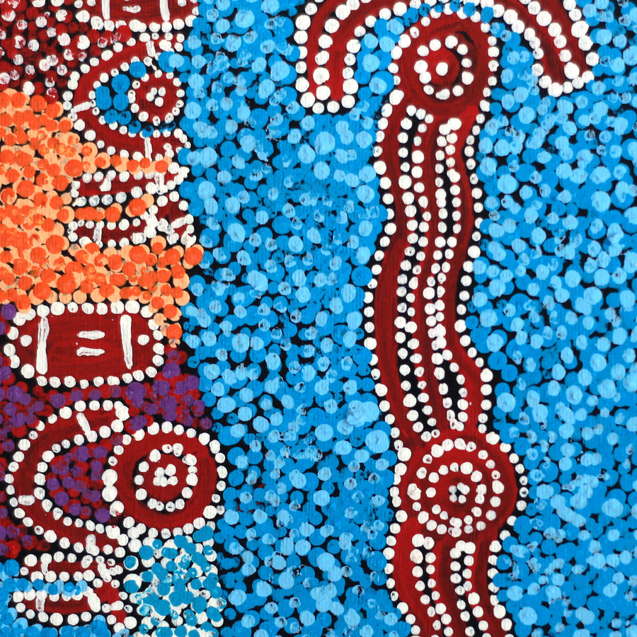 Aboriginal Artwork by Pamela Nangala Sampson, Ngapa Jukurrpa (Water Dreaming) - Mikanji, 30x30cm