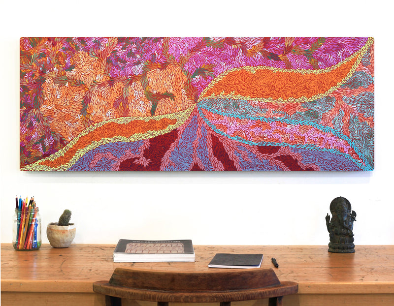 Aboriginal Artwork by Patricia Multa, Bush flowers and seeds, 122x46cm