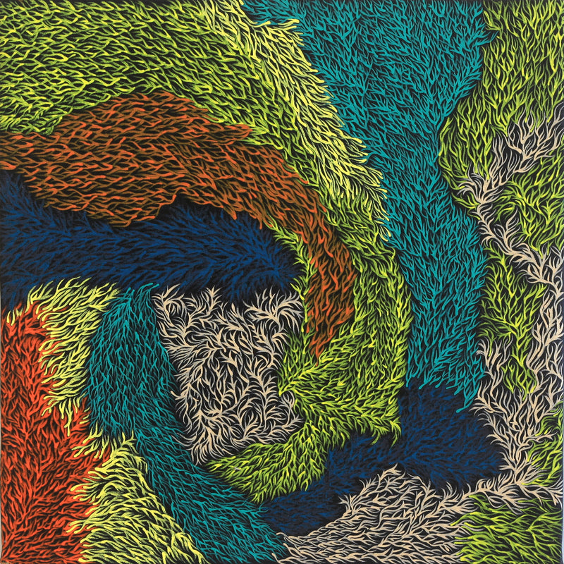 Aboriginal Artwork by Patricia Multa, Bush flowers and seeds, 60x60cm