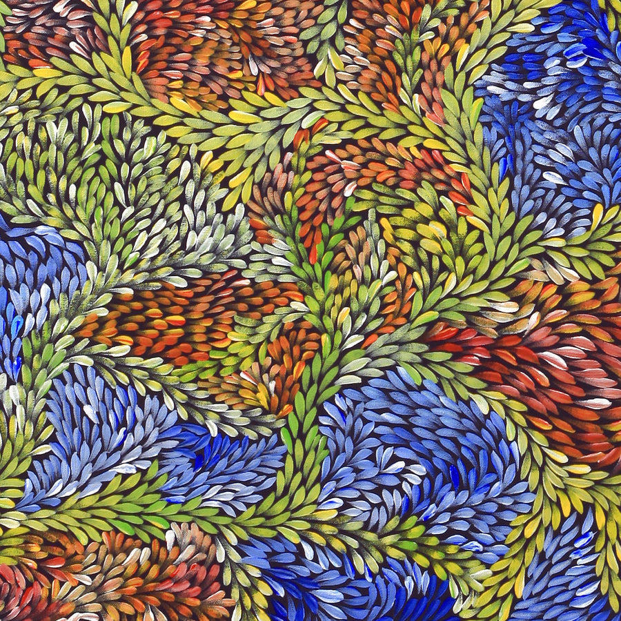 Aboriginal Artwork by Patricia Multa, Bush flowers and seeds, 90x60cm
