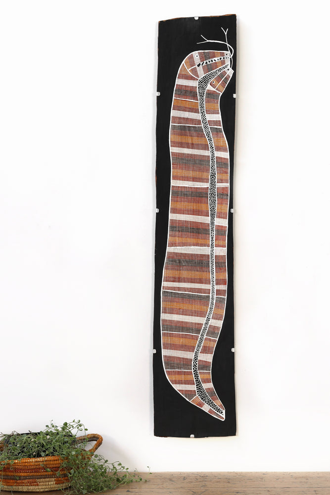 Aboriginal Artwork by Paul Nabulumo Namarinjmak, Ngalyod (Rainbow Serpent), 128x24cm Bark