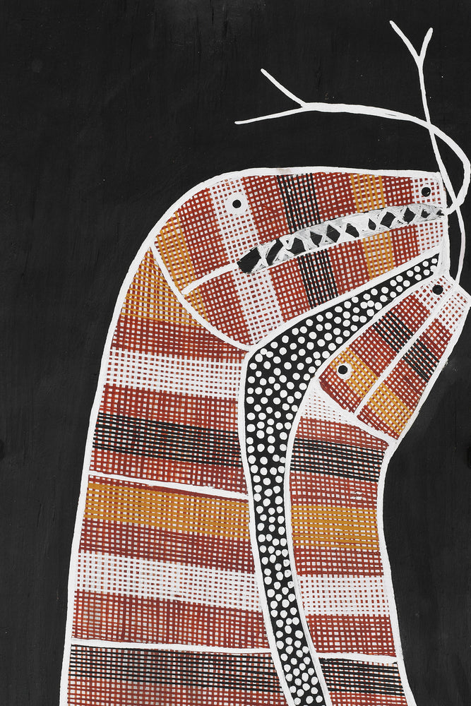 Aboriginal Artwork by Paul Nabulumo Namarinjmak, Ngalyod (Rainbow Serpent), 128x24cm Bark