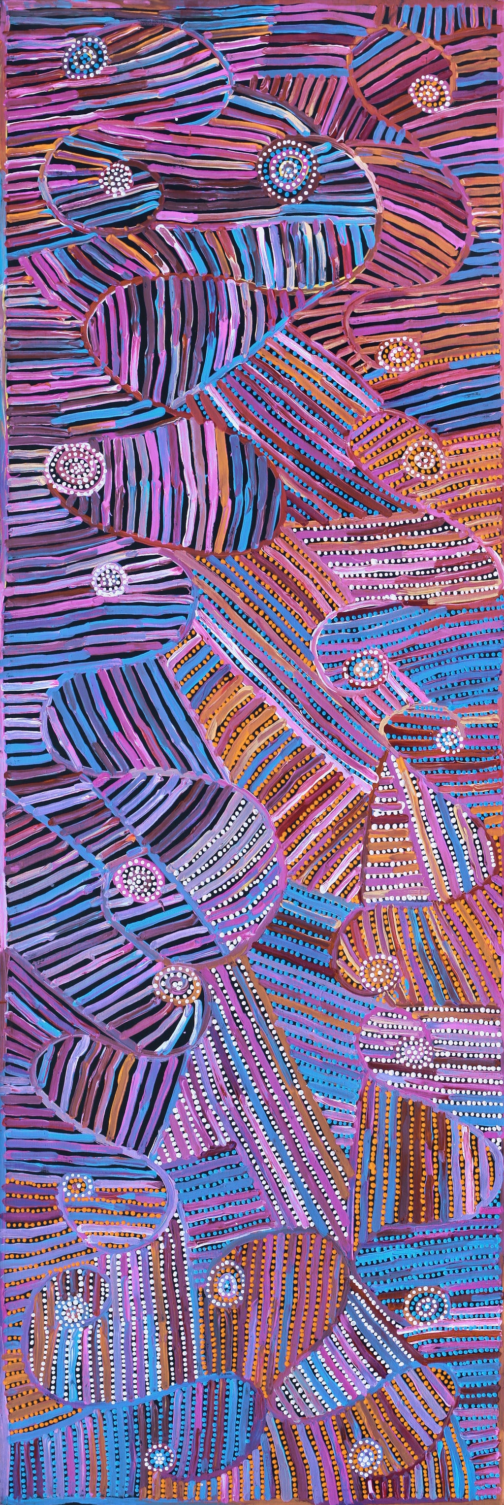 Aboriginal Artwork by Pauline Napangardi Gallagher, Mina Mina Jukurrpa, 182x61cm